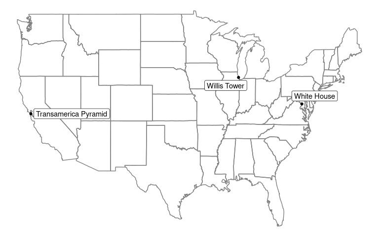 A map of the United States with the places of interest mentioned above plotted on top of it.